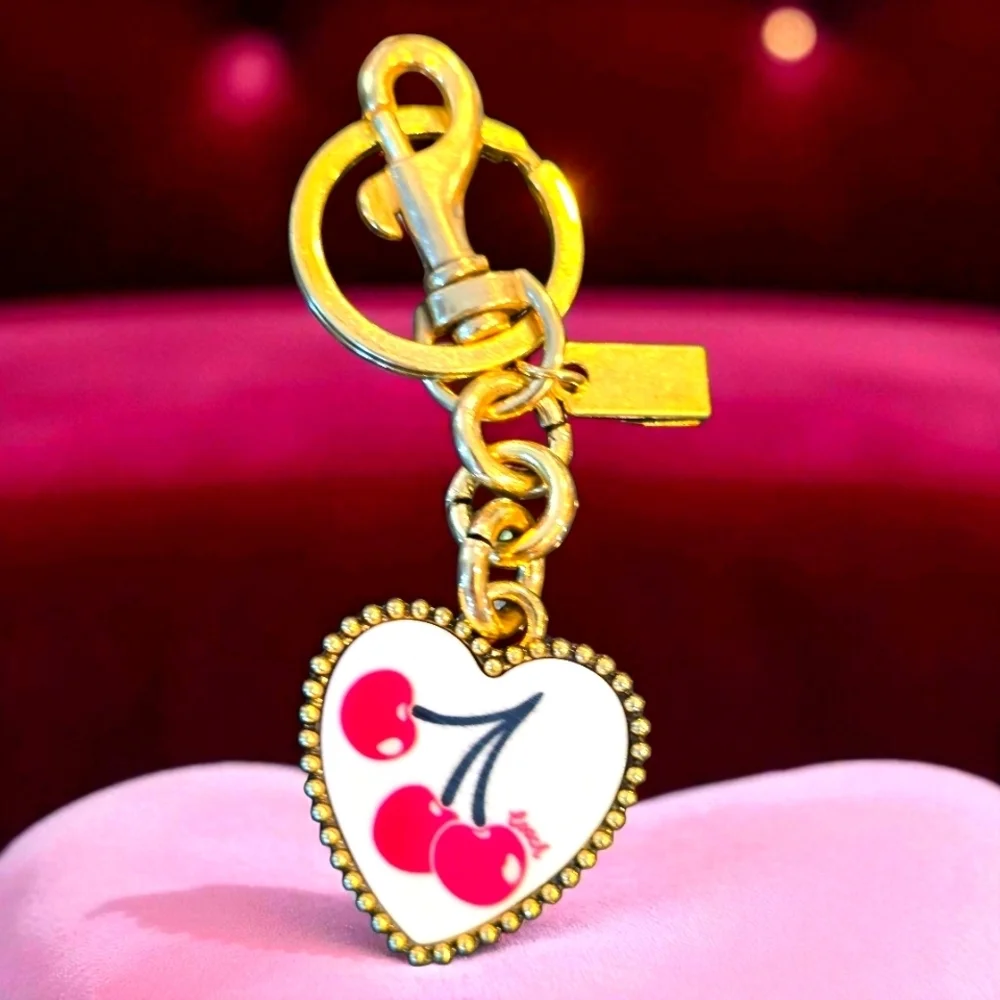 Elegant Gold and Red Cherry Heart Decorative Charm Keyholder